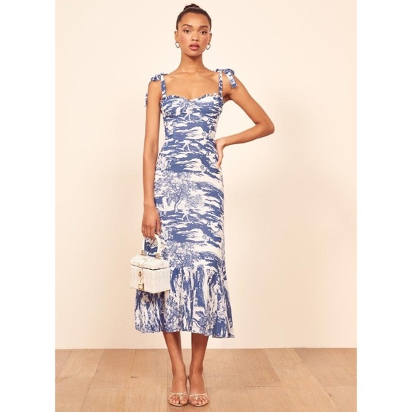 Reformation Dress Womens‎ 2 Blue White Nikita Midi Trumpet Sweetheart Ruffle
